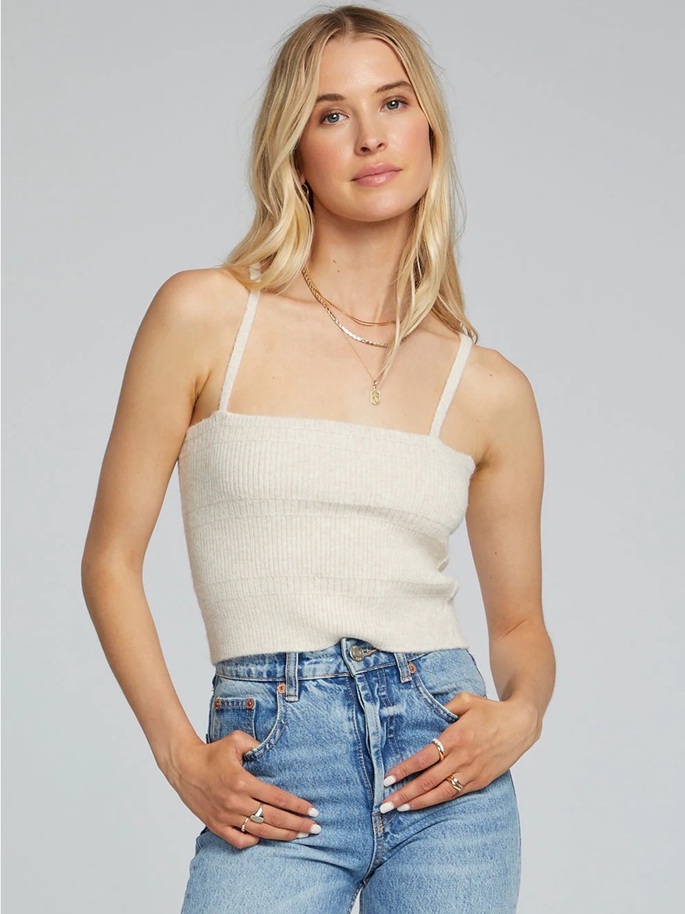 Saltwater Luxe Roni Ribbed Knit Cami Top Cream Oatmeal Square Neck Small NWOT